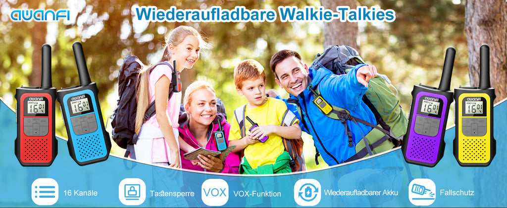 AWANFI Rechargeable Walkie Talkies (2/3/4-Pack) β Long Range 2-Way Radios with 16 Channels, VOX, USB-C Charging β Ideal for Kids & Adults, Outdoor Camping & Hiking