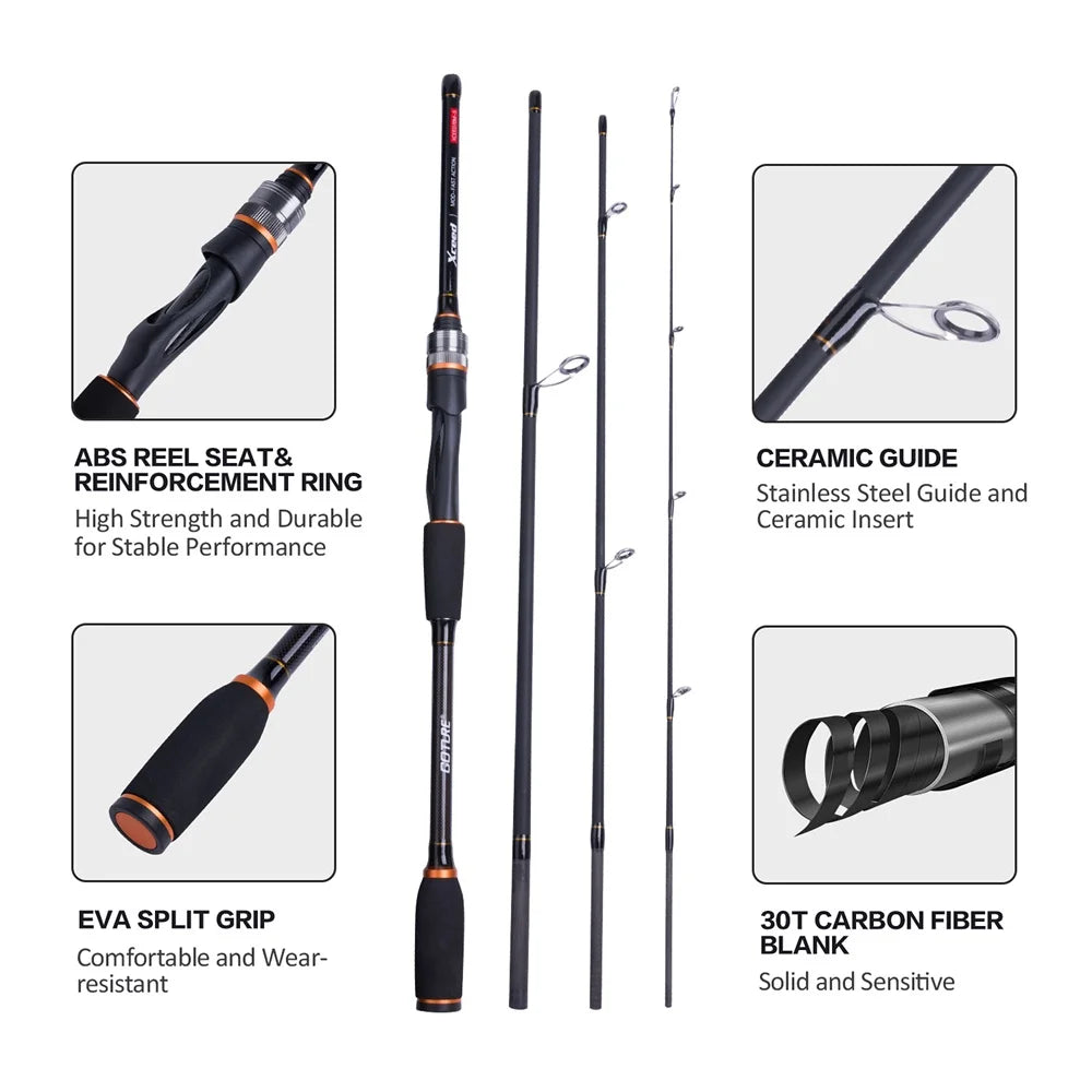 Goture Xceed 1.98–3.6m Fuji Guide Ring Carbon Spinning & Casting Fishing Rod (M/MH Power) – 4-Piece Travel Rod with Tube Bag
