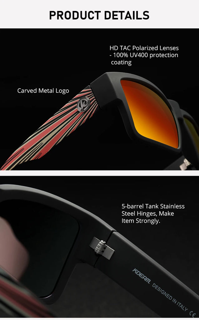 KDEAM All-Black Polarized Sunglasses – Unisex Square Frame | UV400 Protection for Fishing, Driving & Outdoor Adventure