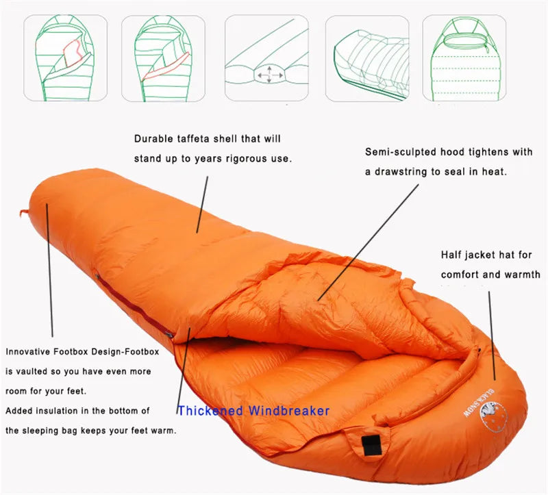 BLACKSNOW White Goose Down Mummy Sleeping Bag – Ultra-Warm, Lightweight, Winter-Ready (4 Thickness Options)