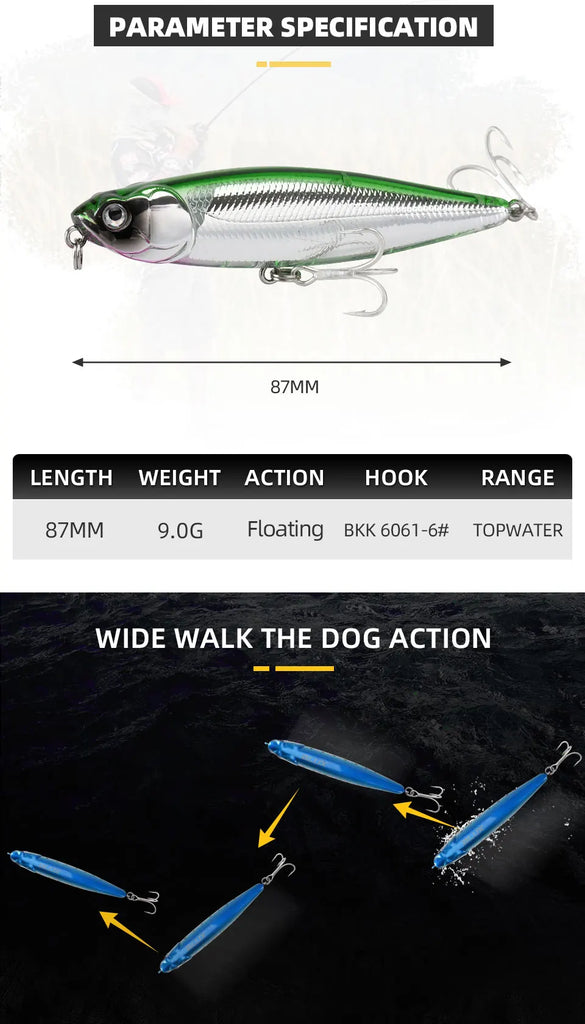 BLUX RIPPLE 87 Topwater Pencil Lure – 87mm 9g “Walk the Dog” Hard Bait for Bass & Saltwater Fishing