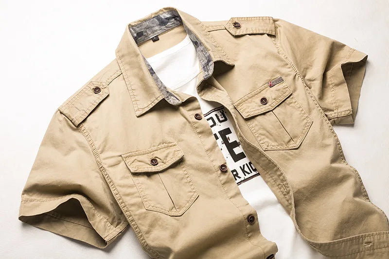 Men’s 100% Cotton Tactical Cargo Shirt – Short Sleeve Military-Style Work Shirt