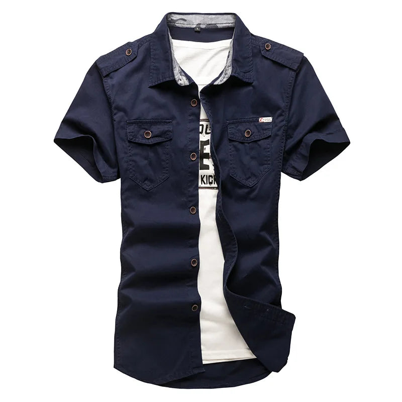 Men’s 100% Cotton Tactical Cargo Shirt – Short Sleeve Military-Style Work Shirt