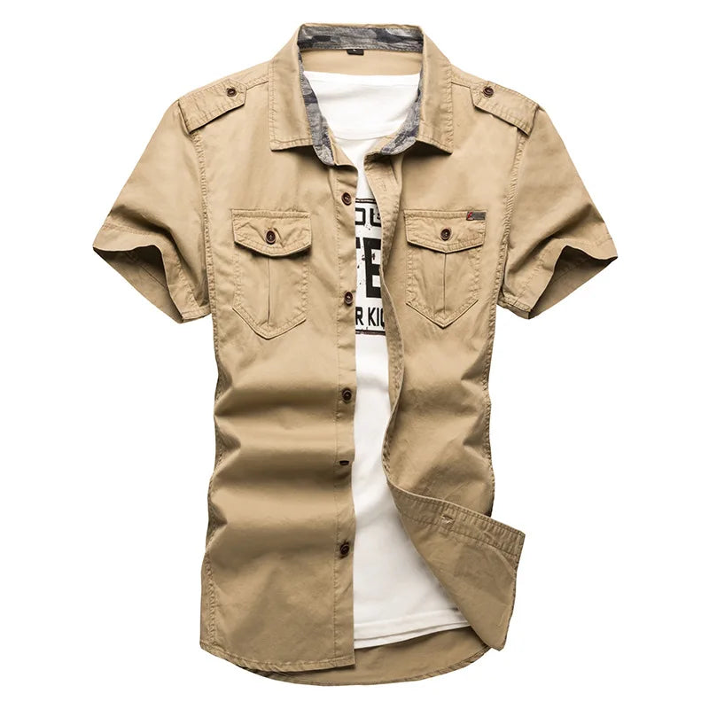 Men’s 100% Cotton Tactical Cargo Shirt – Short Sleeve Military-Style Work Shirt