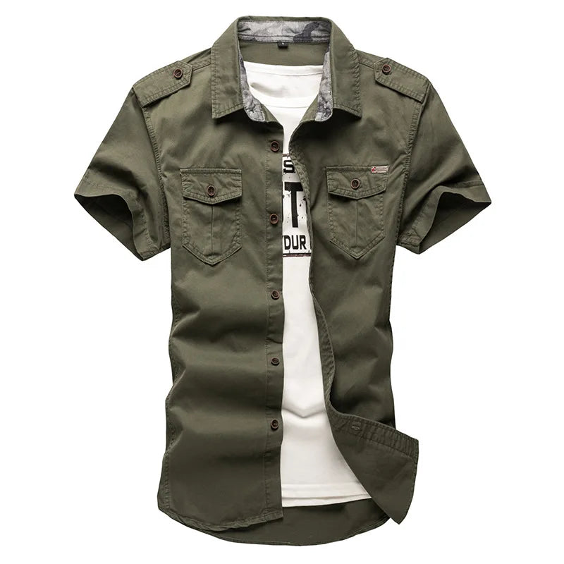 Men’s 100% Cotton Tactical Cargo Shirt – Short Sleeve Military-Style Work Shirt