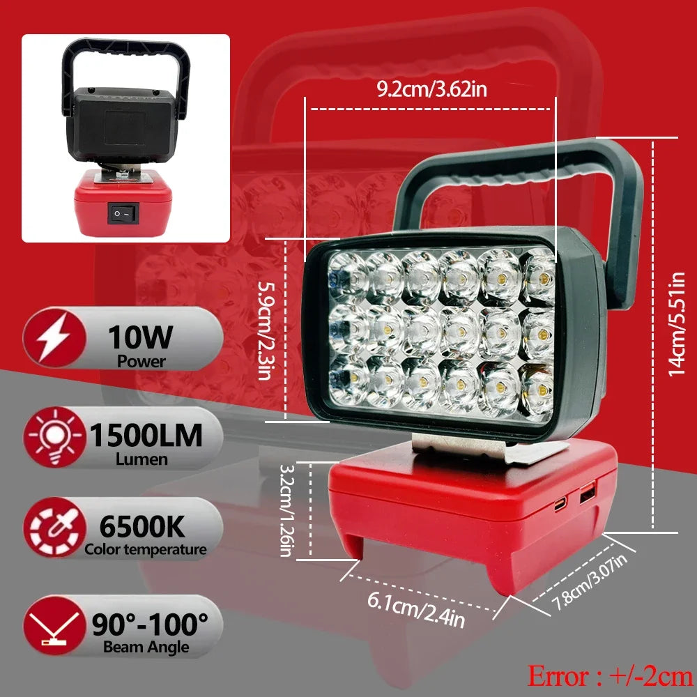 18-LED Portable Work Light – Compatible with Makita, Milwaukee & DeWalt 18V/20V Batteries – 1500LM Spotlight Torch with USB Output