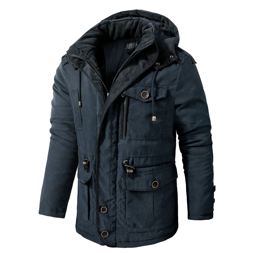 Men’s Hooded Winter Jacket – Thick Lamb Fleece Lining, Multi-Pocket,