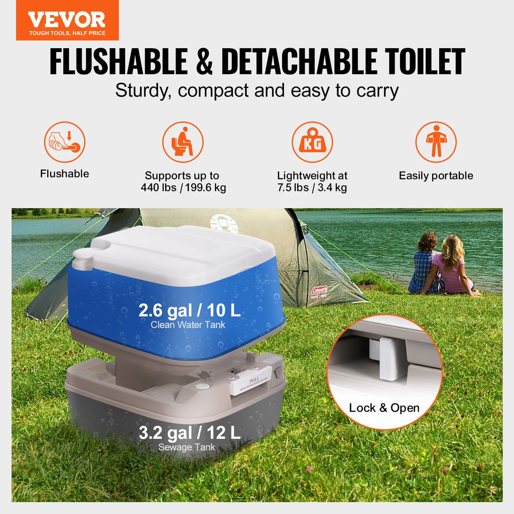 VEVOR Portable Camping Toilet – 3.2/5.3 Gal Waste Tank, 2.6/3.2 Gal Flush Tank, Pressurized Flush with Level Indicator – Compact, Durable & Odor-Free