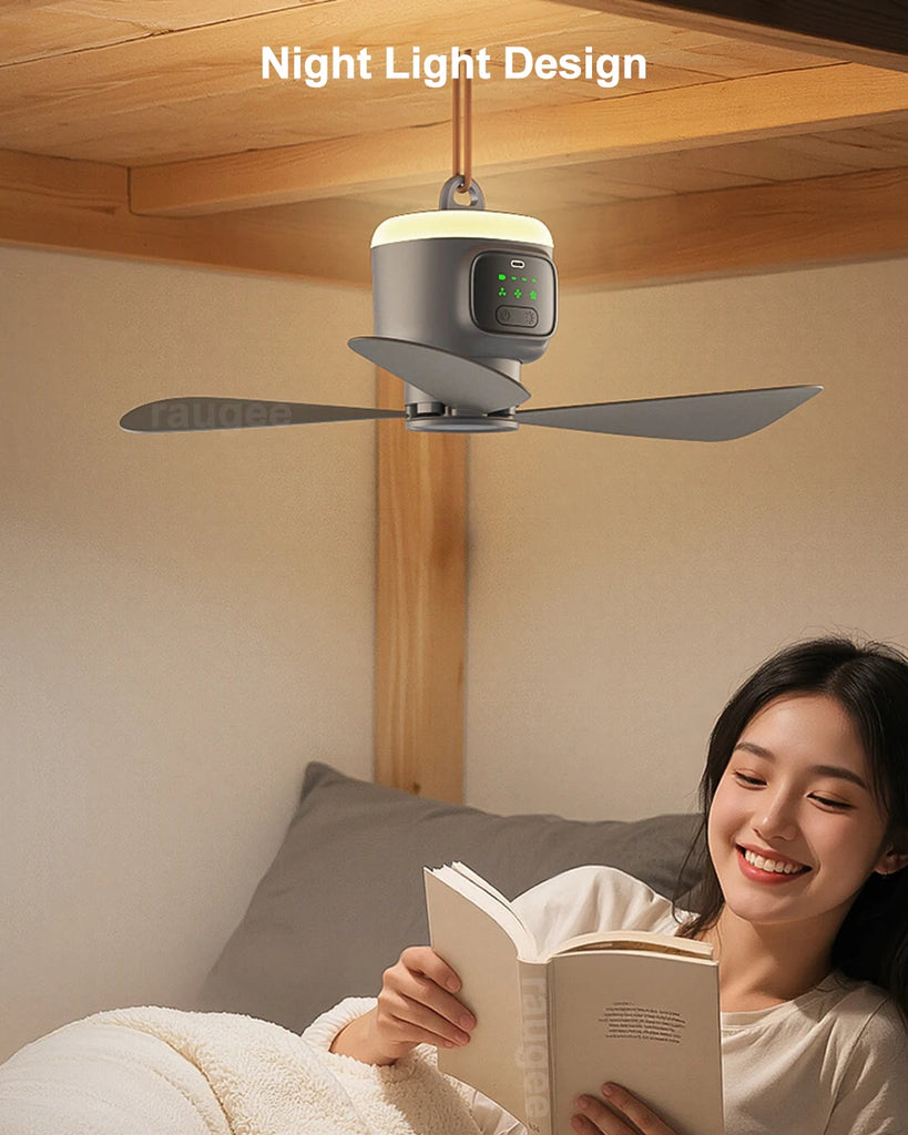 12000mAh Rechargeable Camping Ceiling Fan with LED Light & Remote | Portable Tent Cooling Fan