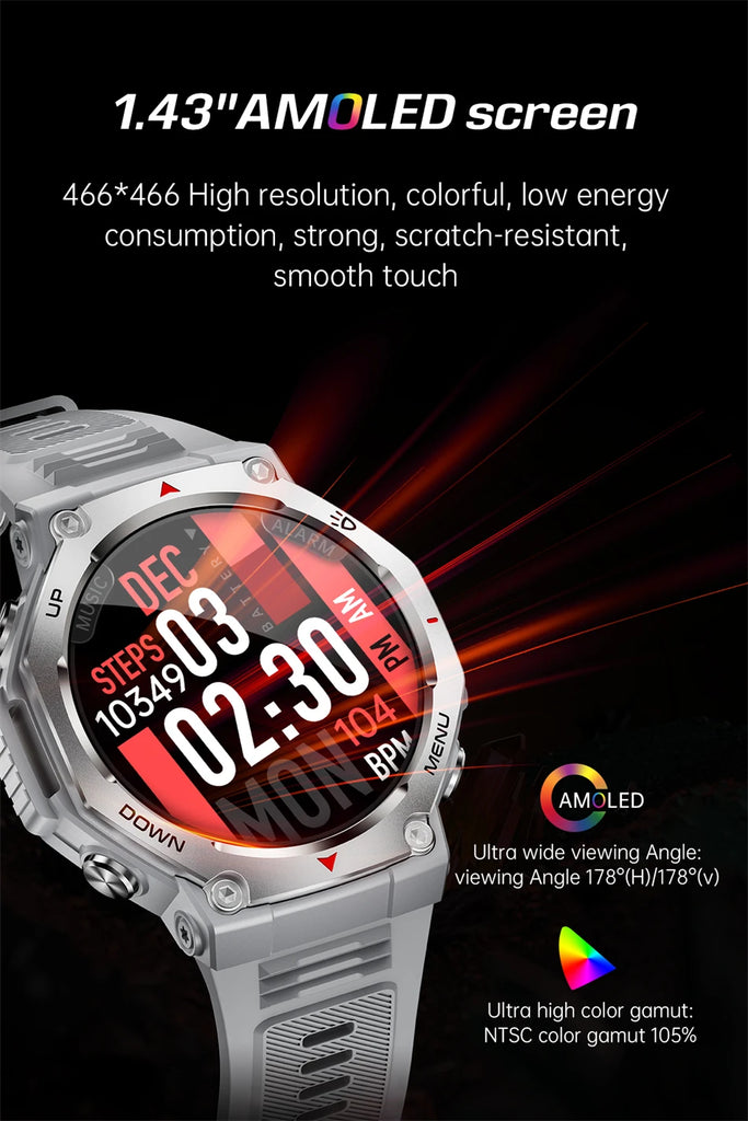 LIGE 2025 KT85 Outdoor Smartwatch – 1.43" AMOLED Display, Long Battery Life, Fitness & Health Tracker for Men