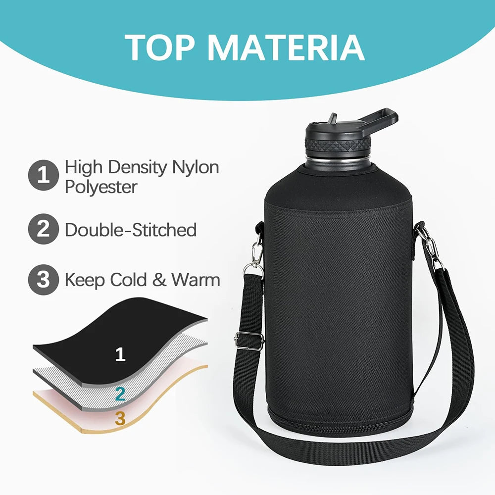 64oz / 128oz Insulated Water Bottle Carrier Bag with Strap – Protective Neoprene Sleeve for Thermos, Mug & Tumbler – Crossbody Holder for Hiking, Camping & Outdoor Use (Black)