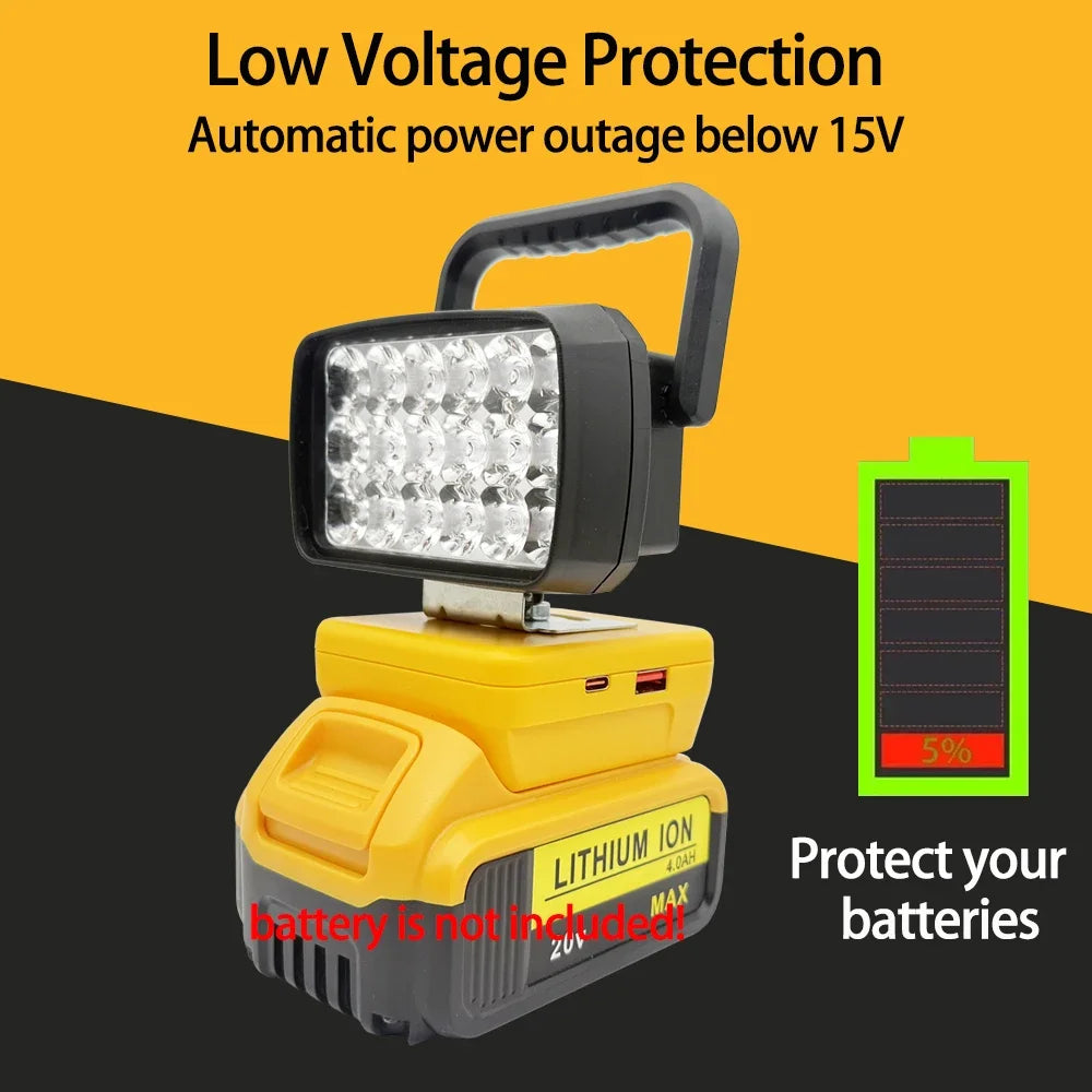 18-LED Portable Work Light – Compatible with Makita, Milwaukee & DeWalt 18V/20V Batteries – 1500LM Spotlight Torch with USB Output