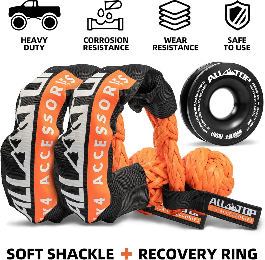 48,300 lbs Synthetic Soft Shackle & 66,000 lbs Recovery Ring Set – Heavy-Duty Off-Road Winch Recovery Kit (2 PCS)