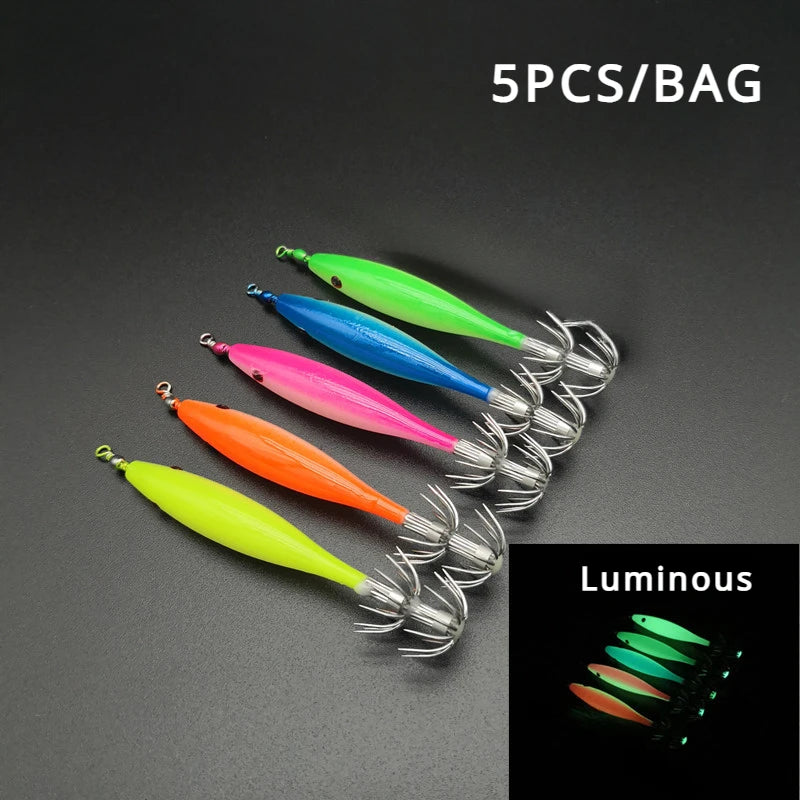 5 Pcs Luminous Squid Fishing Hooks β Blowtorch Octopus & Cuttlefish Hooks | High Carbon Steel Simulated Shrimp Lures