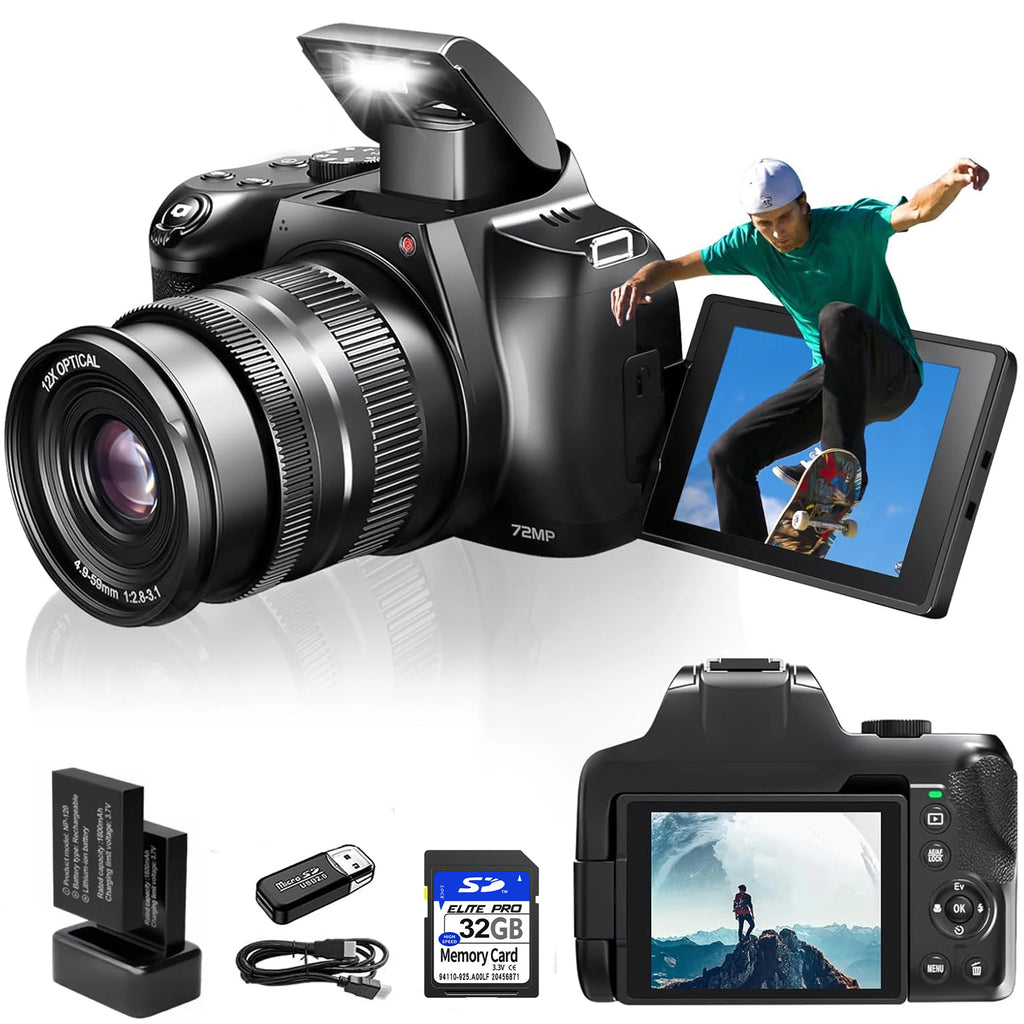 4K HD Digital Camera with Auto Focus & 12X Optical Zoom – 72MP Vlogging Camera for YouTube & Photography