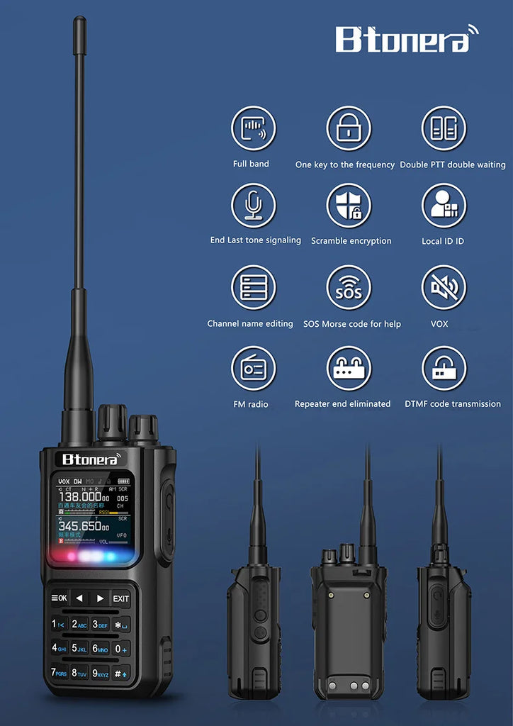 BTONERA BT-8000 Full-Band Ham Radio – 256CH Dual PTT Two-Way Radio with Airband, NOAA, Marine, and Scrambler
