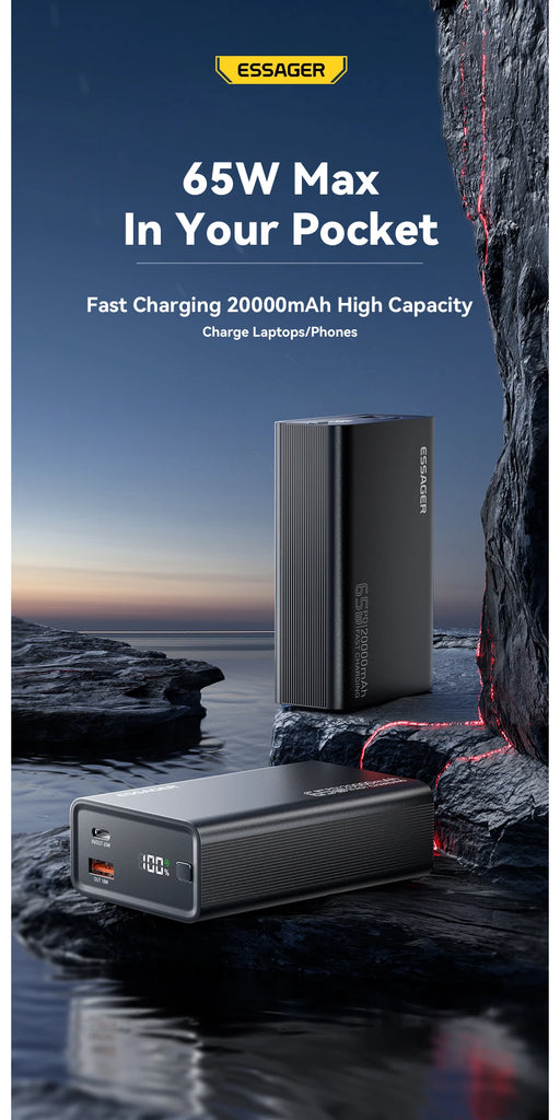 Essager 20000mAh 65W PD Power Bank – Fast Charging Portable Battery with Built-in Cables & LED Lamp