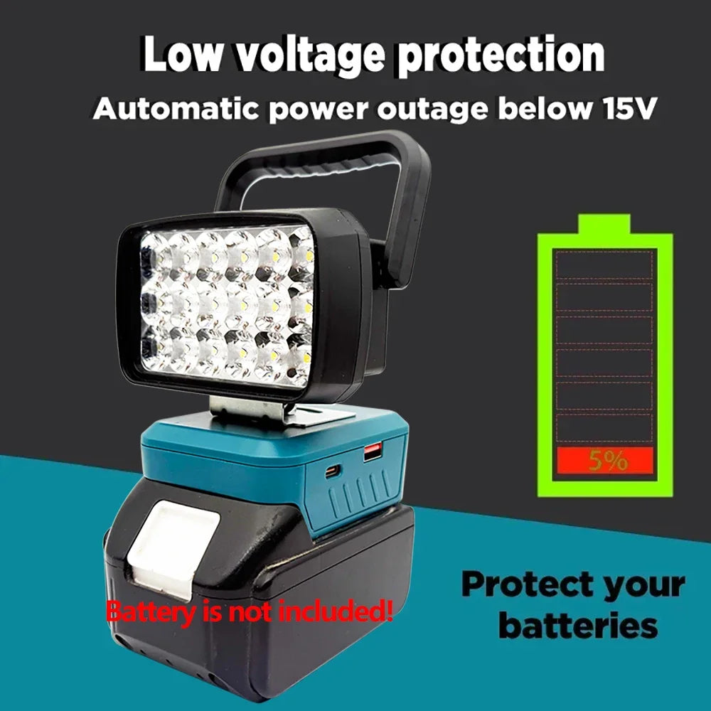 18-LED Portable Work Light – Compatible with Makita, Milwaukee & DeWalt 18V/20V Batteries – 1500LM Spotlight Torch with USB Output