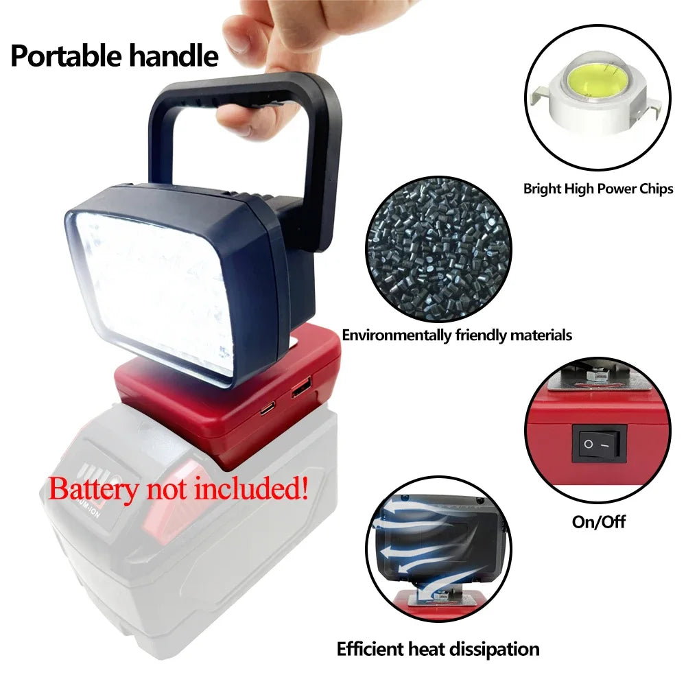 18-LED Portable Work Light – Compatible with Makita, Milwaukee & DeWalt 18V/20V Batteries – 1500LM Spotlight Torch with USB Output