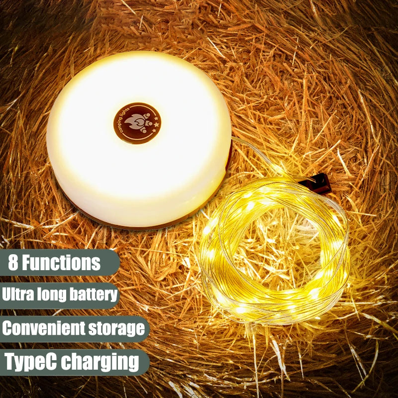 4-in-1 LED Camping Light Strip – 10M Waterproof Rechargeable Tent & Atmosphere Lamp with USB Power Bank (Military Green)