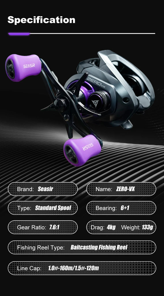 Seasir ZERO-VX Ultralight BFS Baitcasting Reel – 133g, 7.6:1 Gear Ratio, 6+1BB, Max Drag 4kg | Fresh & Saltwater Fishing Reel