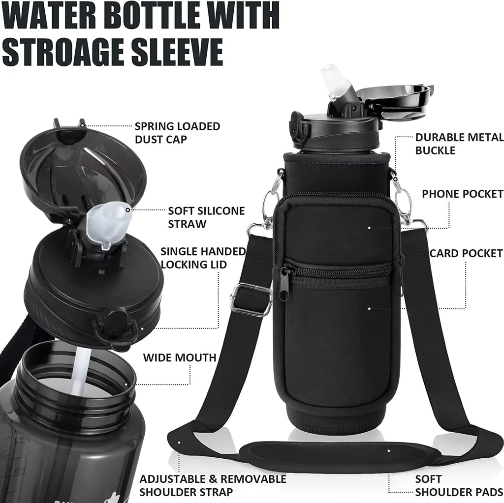 32 oz Motivational Water Bottle with Sleeve – Leakproof BPA-Free Bottle with Straw, Time Marker & Adjustable Strap Carrier (1L)