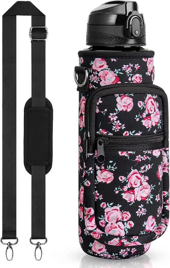 32 oz Motivational Water Bottle with Sleeve – Leakproof BPA-Free Bottle with Straw, Time Marker & Adjustable Strap Carrier (1L)