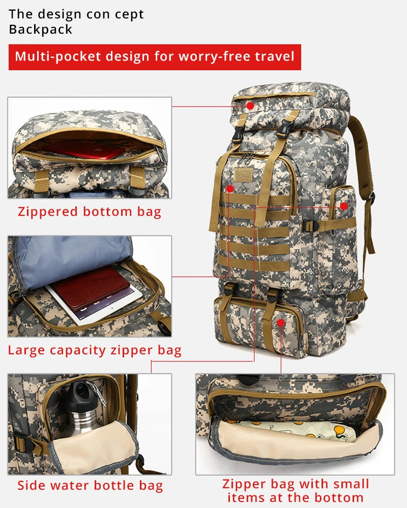 Rilibegan 70L Tactical Hiking Backpack – Camouflage, Waterproof