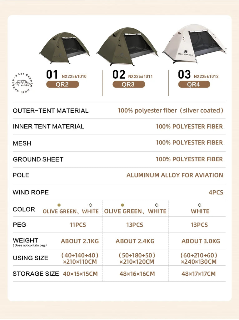 Mobi Garden 3–4 Person Waterproof Camping Tent – Double-Layer, UV & Rain Protection, Lightweight Trekking Shelter