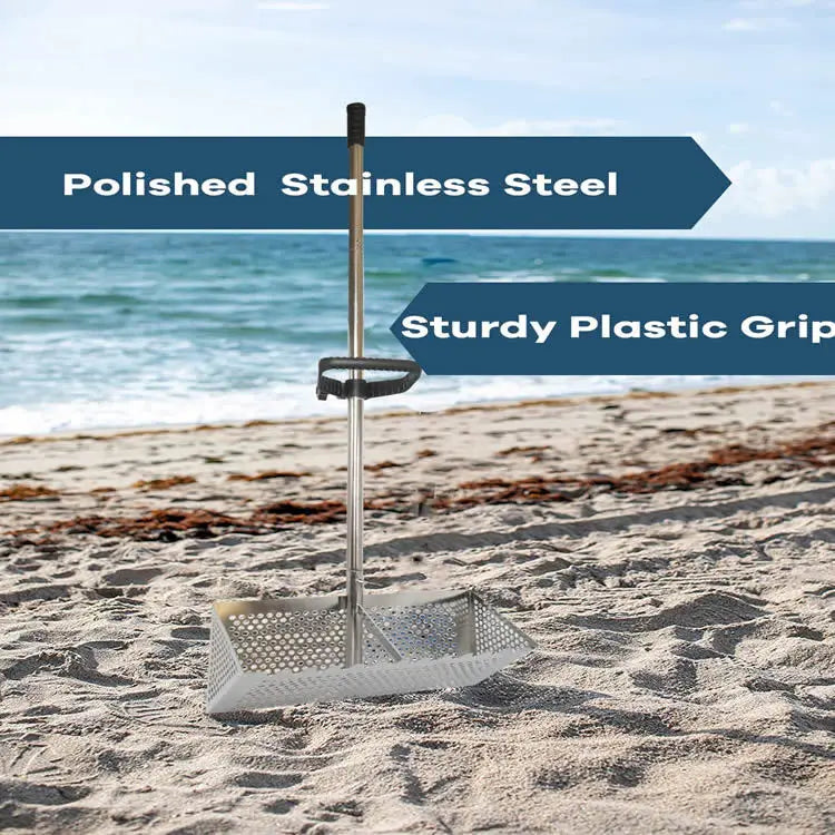 Premium Stainless Steel Sand Flea Rake & Beach Sand Scoop – 16" Wide, Anti-Rust, Ergonomic Design for Treasure Hunting & Metal Detecting