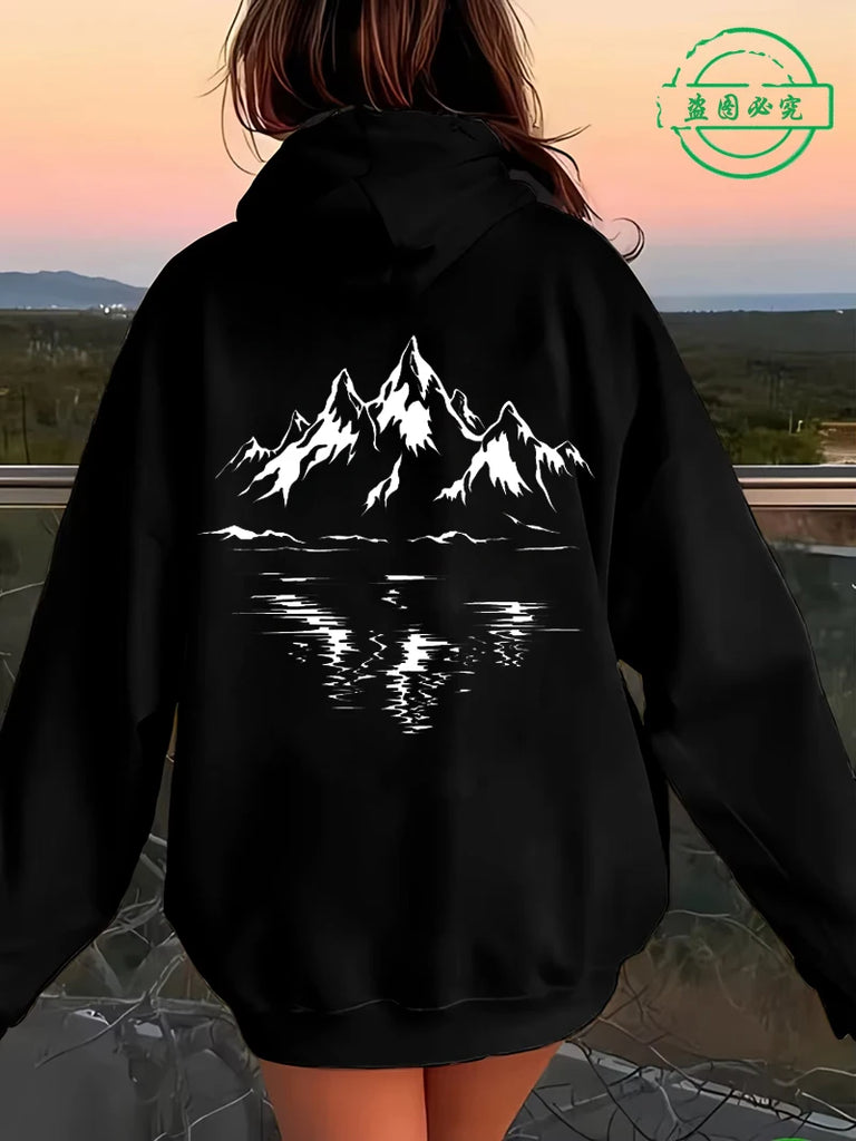 Women's Mountain Graphic Hoodie – Fleece-Lined Pullover for Hiking & Outdoor Adventure