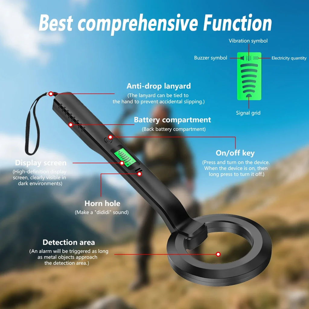High-Sensitivity Handheld Metal Detector with LCD Display, Vibration & Audio Alerts – 360° Detection for Security, Industrial & Treasure Hunting Use