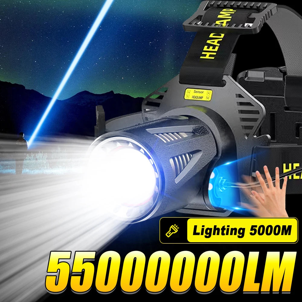 Ultra-Bright XHP360 LED Rechargeable Headlamp – 55,000,000 Lumens | 5000M Long-Range Beam | USB-C Powered