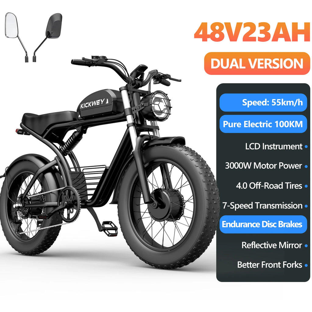 Kickwey K7 1500W Fat Tire Electric Bike – 48V 23Ah Lithium, 46km/h Mountain E-Bike for Adults