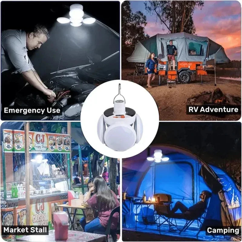 Solar Folding LED Camping Lantern – USB Rechargeable Emergency Light with 5 Modes & Hook (2400mAh, Waterproof, Remote Optional)