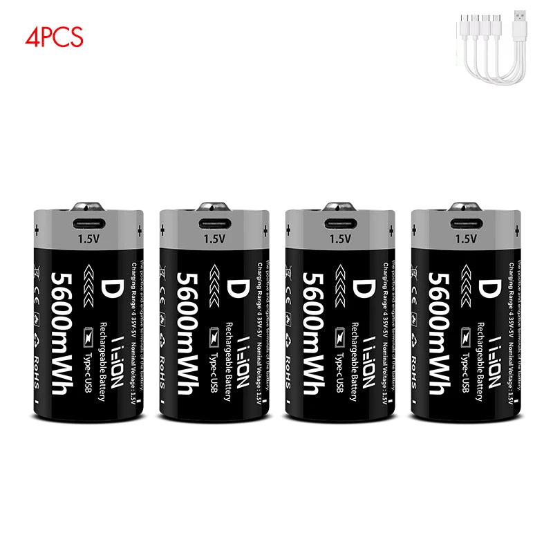 MATOV USB Rechargeable D Size Battery – 1.5V 5600mWh LR20 Lithium-ion D-Cell (2 or 4 Pack)