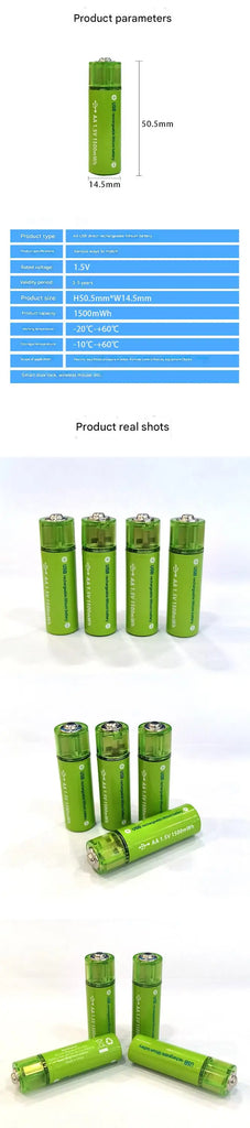 USB Rechargeable AA Lithium Batteries (4-Pack) – 1.5V 1500mWh Fast-Charge, Long-Lasting with Storage Case