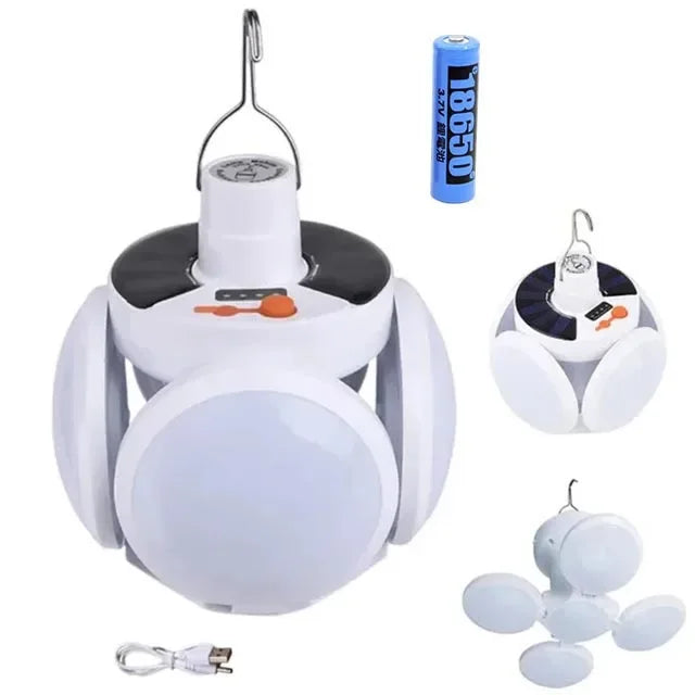 Solar Folding LED Camping Lantern – USB Rechargeable Emergency Light with 5 Modes & Hook (2400mAh, Waterproof, Remote Optional)