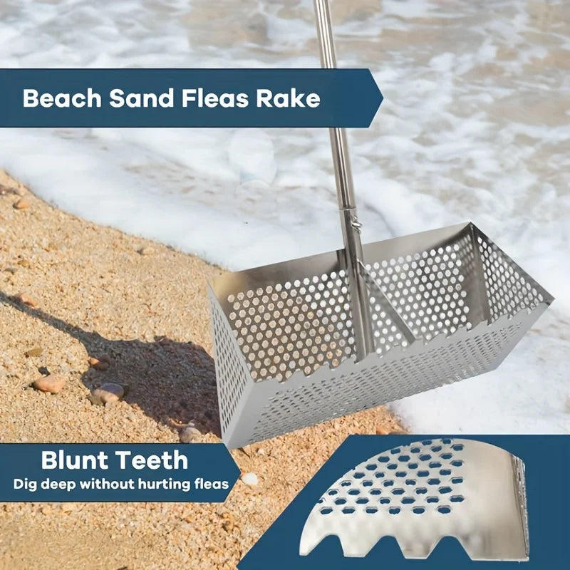 Premium Stainless Steel Sand Flea Rake & Beach Sand Scoop – 16" Wide, Anti-Rust, Ergonomic Design for Treasure Hunting & Metal Detecting