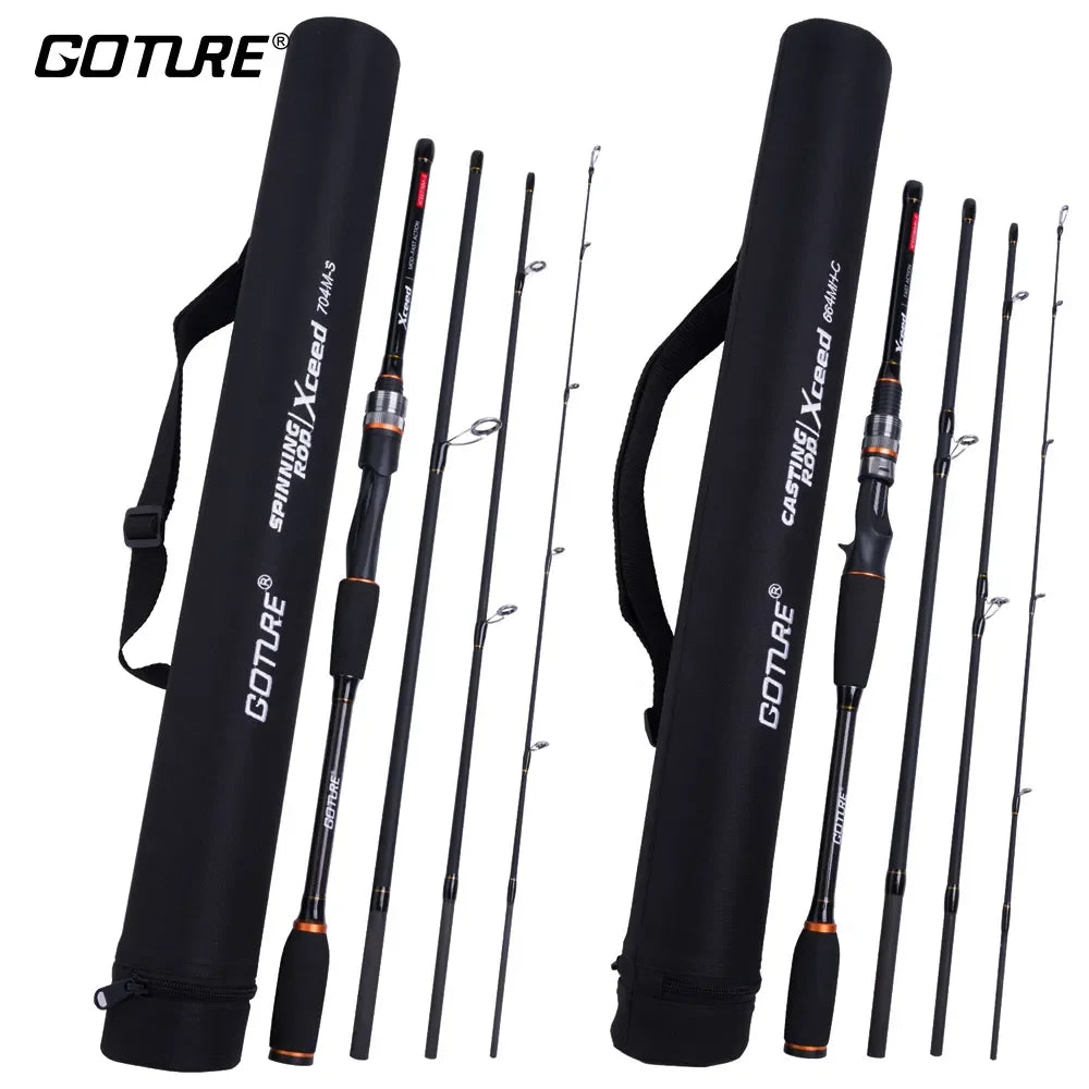 Goture Xceed 1.98–3.6m Fuji Guide Ring Carbon Spinning & Casting Fishing Rod (M/MH Power) – 4-Piece Travel Rod with Tube Bag