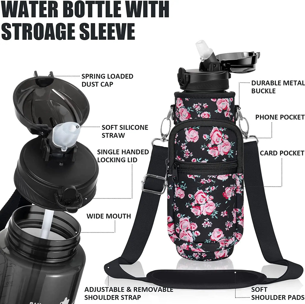 32 oz Motivational Water Bottle with Sleeve – Leakproof BPA-Free Bottle with Straw, Time Marker & Adjustable Strap Carrier (1L)