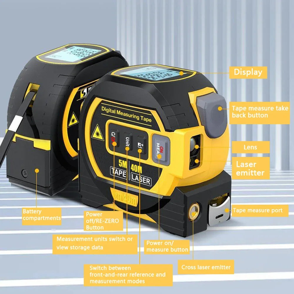 3-in-1 Digital Laser Rangefinder with 5M Tape Measure & LCD Display – 40m/60m Distance Measuring Tool