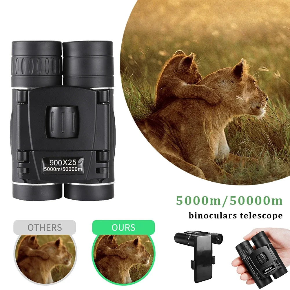 900x HD Long-Range Binoculars – Compact Folding Mini Telescope with BAK4 Prism & FMC Optics (Black)