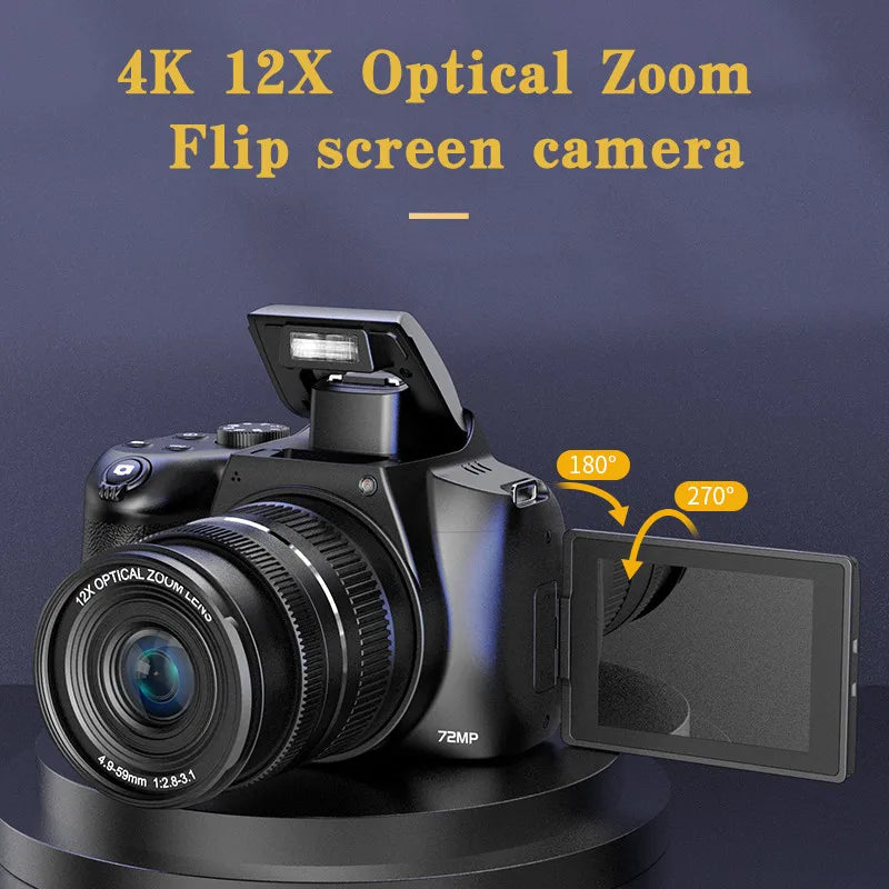 4K HD Digital Camera with Auto Focus & 12X Optical Zoom – 72MP Vlogging Camera for YouTube & Photography