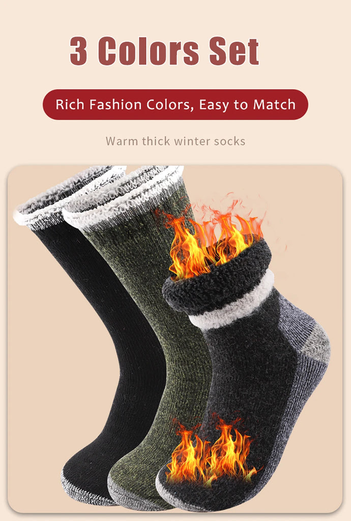 3 Pairs Merino Wool Thermal Socks for Men – Super Thick Winter Crew Socks with Fleece Terry Lining