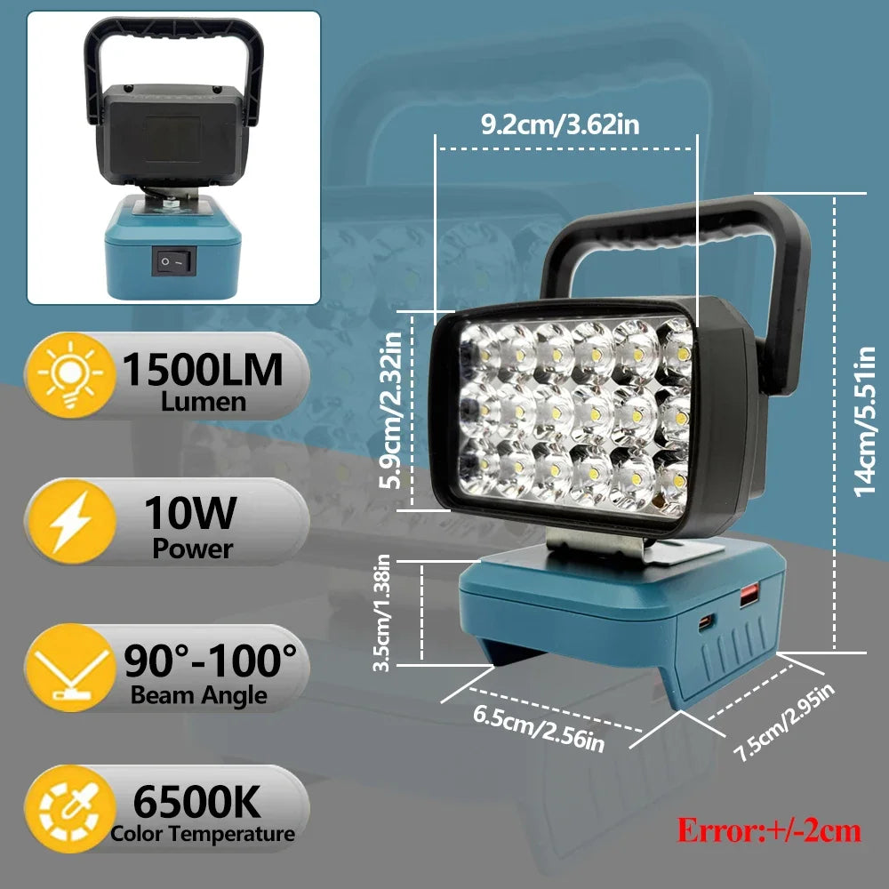 18-LED Portable Work Light – Compatible with Makita, Milwaukee & DeWalt 18V/20V Batteries – 1500LM Spotlight Torch with USB Output