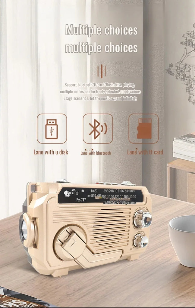 Hand Crank Emergency Weather Radio with Bluetooth – Solar/USB Rechargeable, Portable Power Bank