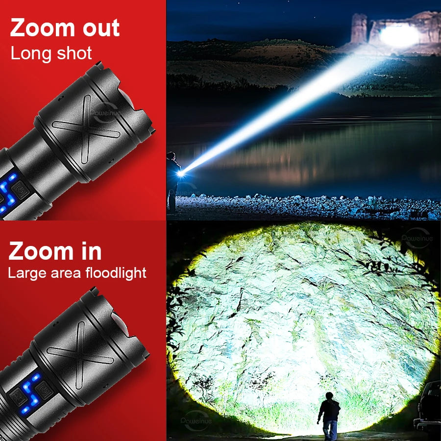 Ultra Bright 15000mAh LED Tactical Flashlight – USB Rechargeable, Zoomable, Long Range (Up to 6000M)