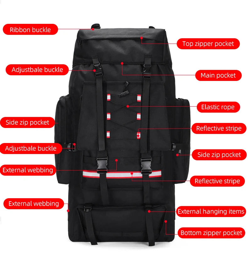130L Waterproof Hiking Backpack – Heavy-Duty Outdoor Rucksack with Reflective Safety Strips & Molle System