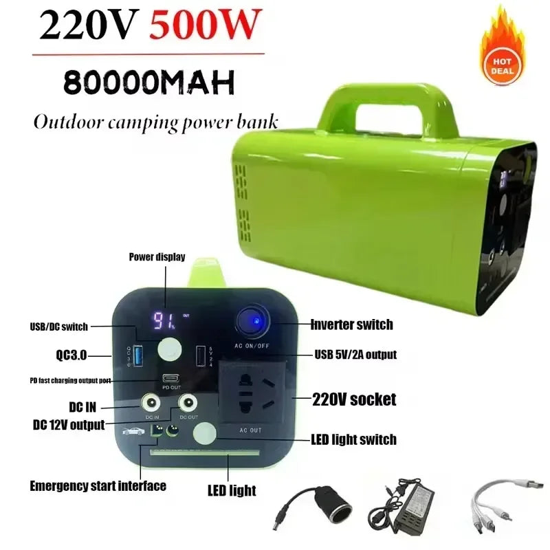 Robinella 500W Portable Power Station – 80000mAh LiFePO4 Battery Backup | AC/DC/USB Output | Outdoor Camping & Emergency Power Supply (220V)